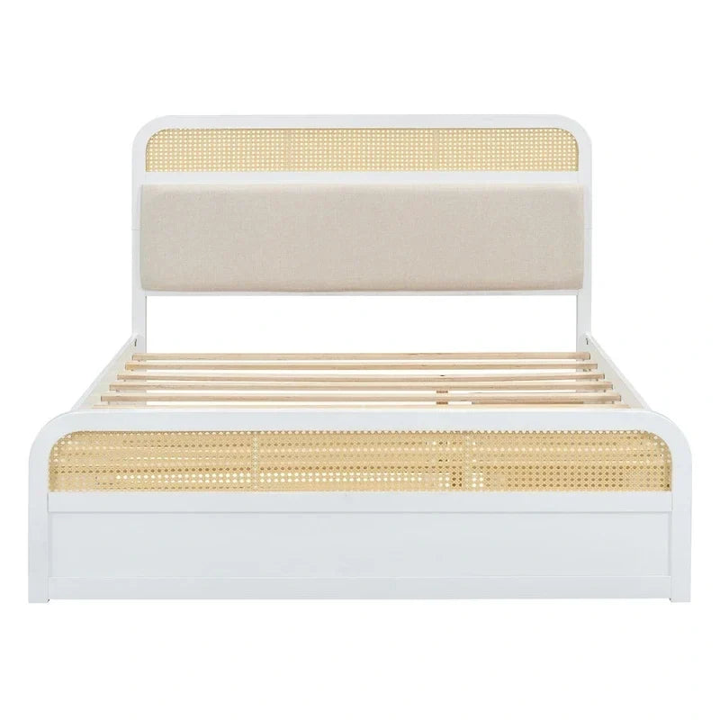 Lit plateforme en bois rotin bohème Queen avec tête de lit en bois, lit gigogne et 2 tiroirs de rangement