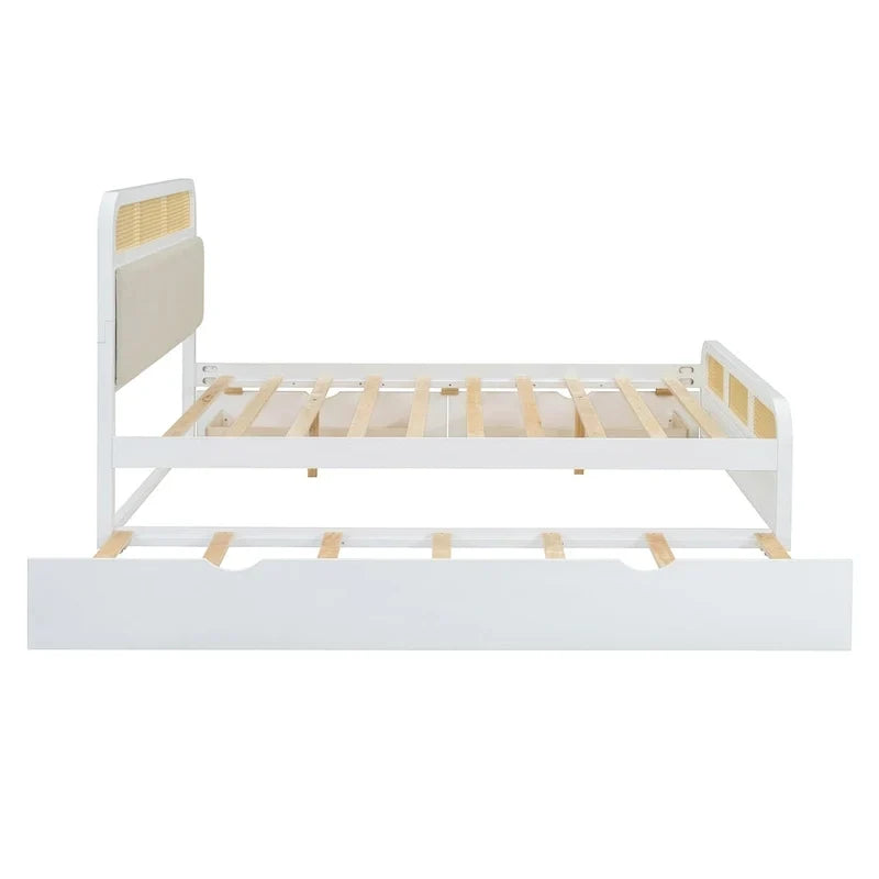 Lit plateforme en bois rotin bohème Queen avec tête de lit en bois, lit gigogne et 2 tiroirs de rangement