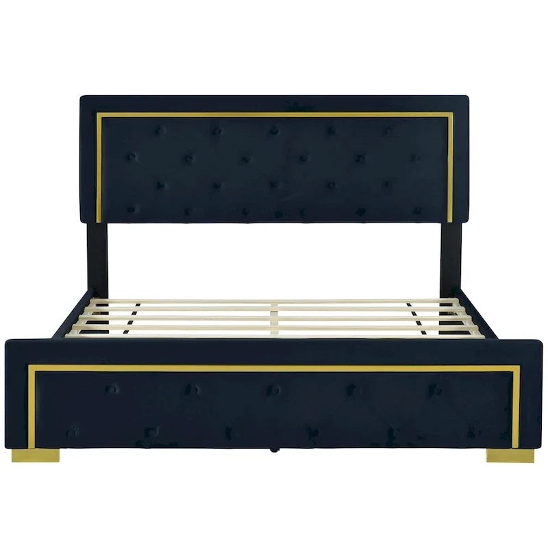 Lit plateforme capitonné Queen Size avec tête de lit capitonnée à points de traction