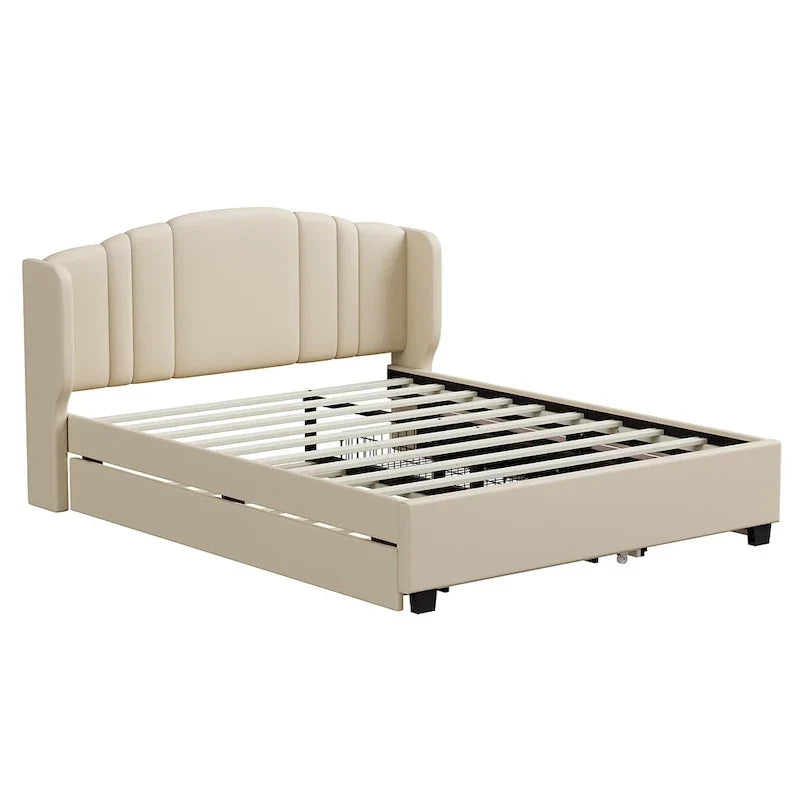 Lit plateforme Queen en lin avec lit gigogne et 2 tiroirs, sommier tapissier non requis