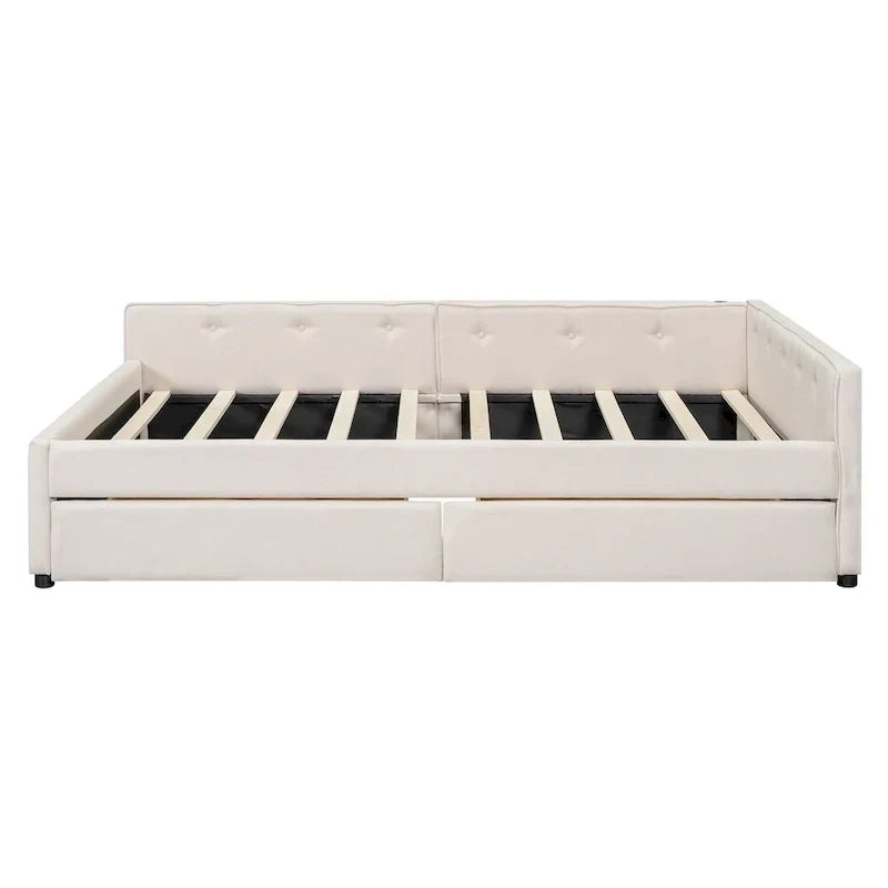 Lit plateforme rembourré avec banquette d'angle en L, 2 tiroirs et ports USB intégrés, canapé-lit bas avec balustrade capitonnée.