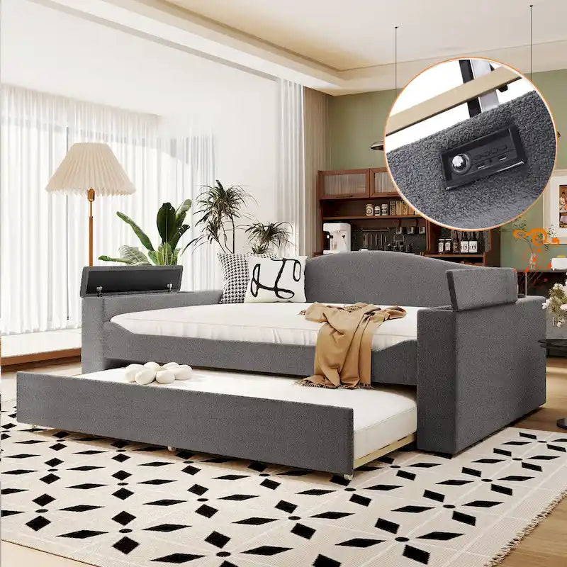 Lit de repos capitonné pour une personne avec accoudoirs de rangement, lit gigogne et système audio Bluetooth intégré dernière génération, en molleton doux, beige