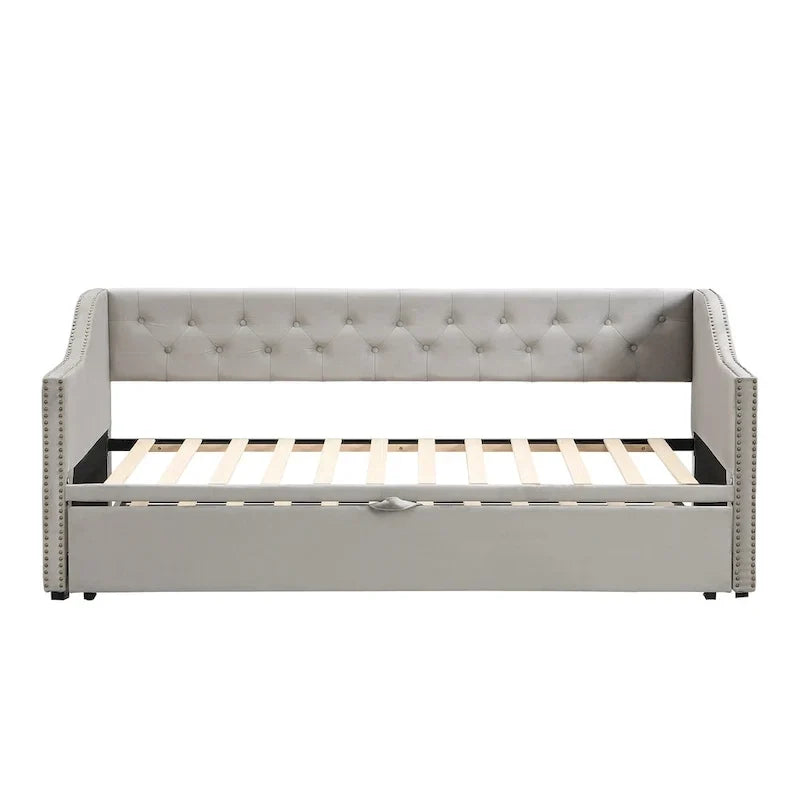 Lit de repos capitonné pour lit jumeau avec lit gigogne escamotable, gris