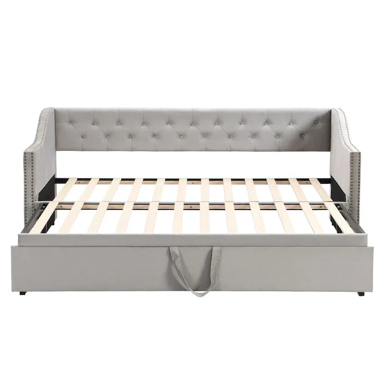 Lit de repos capitonné pour lit jumeau avec lit gigogne escamotable, gris