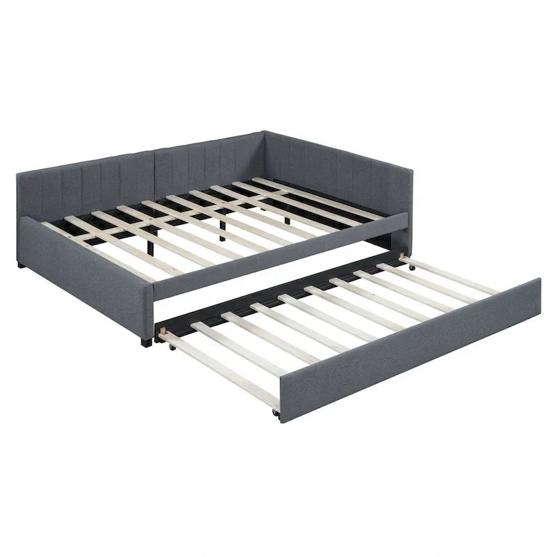 Lit de repos rembourré pleine grandeur avec lit gigogne, aucun sommier tapissier requis, tissu de lin, beige
