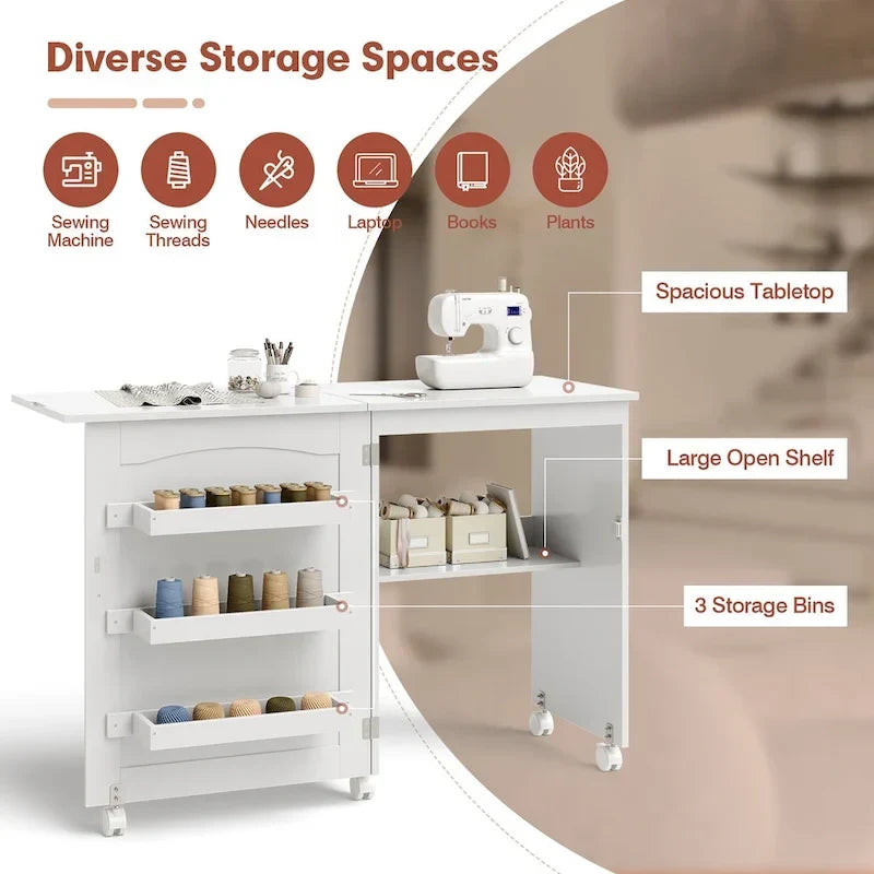 Table d'artisanat de couture pliante blanche Costway avec étagères de rangement - Voir détails