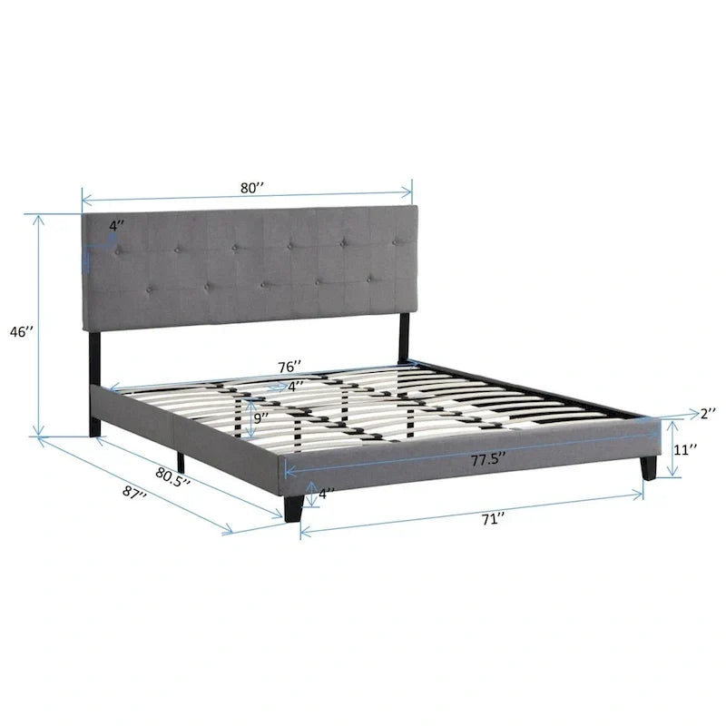 Lit plateforme King Size rembourré avec tête de lit en tissu lin capitonné