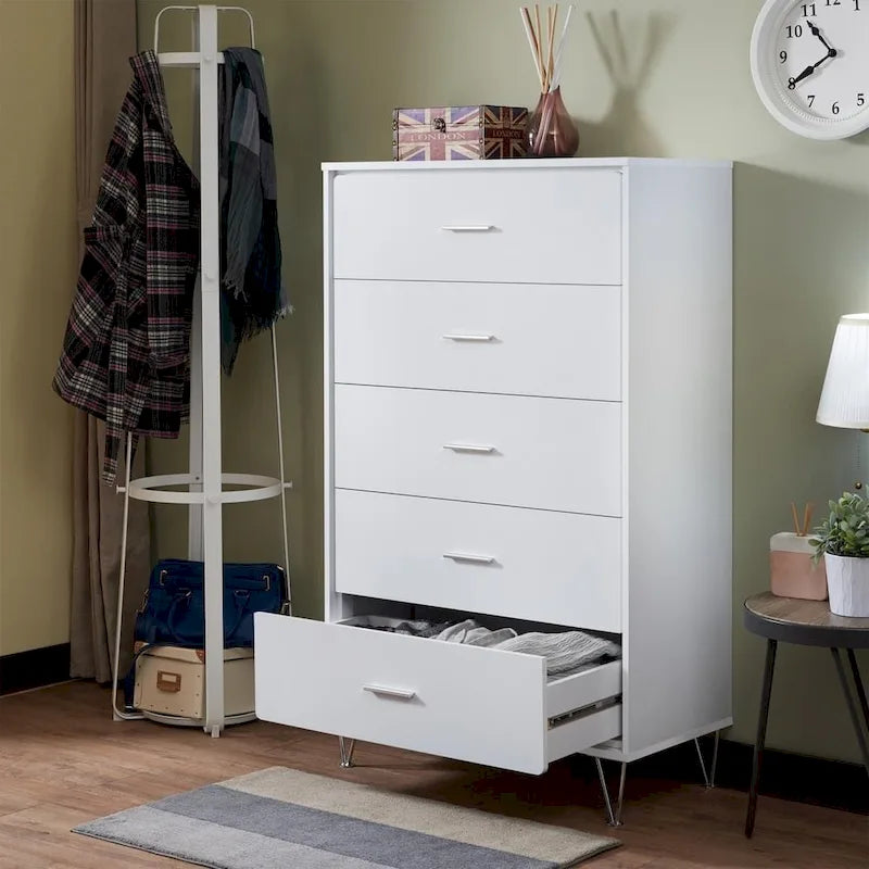 Commode verticale 5 tiroirs en bois massif, commode moderne en bois avec grand espace de rangement pour chambre à coucher, salon