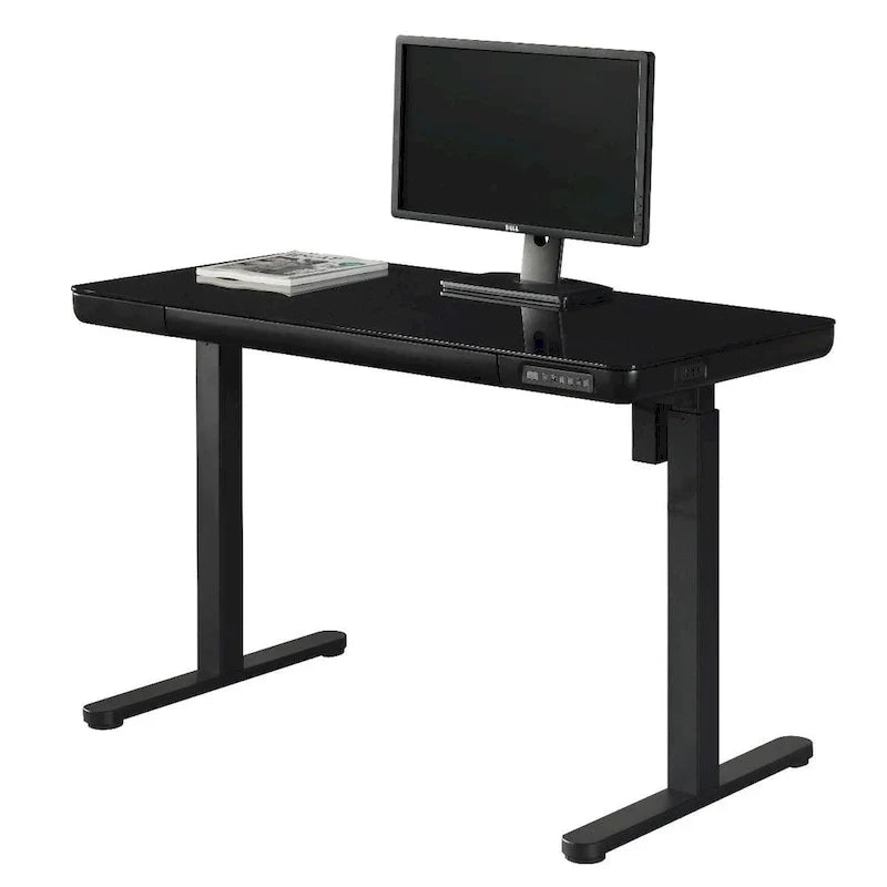 KOWO Bureau électrique debout en verre de 48 pouces avec plateau en verre trempé, poste de travail assis-debout réglable en hauteur pour bureau moderne