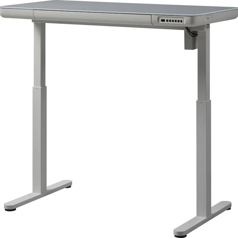KOWO Bureau électrique debout en verre de 48 pouces avec plateau en verre trempé, poste de travail assis-debout réglable en hauteur pour bureau moderne