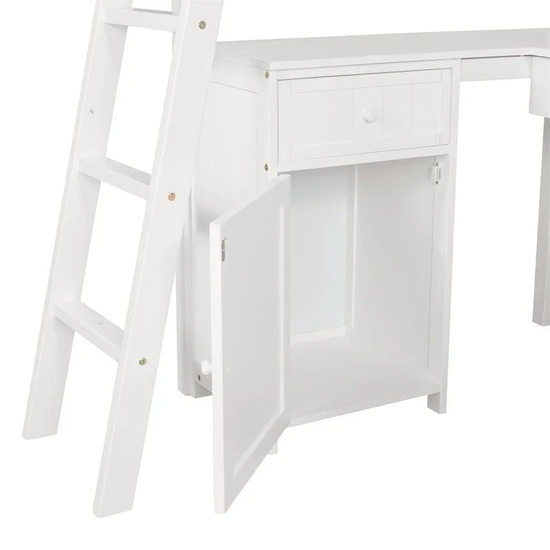 Lit mezzanine double Merax avec tiroirs, armoire, étagères et bureau