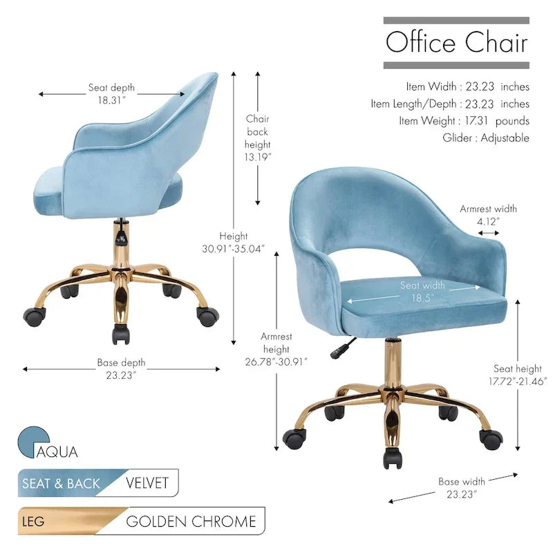 Chaise de bureau pivotante en velours Porthos Home Camron, pieds chromés dorés