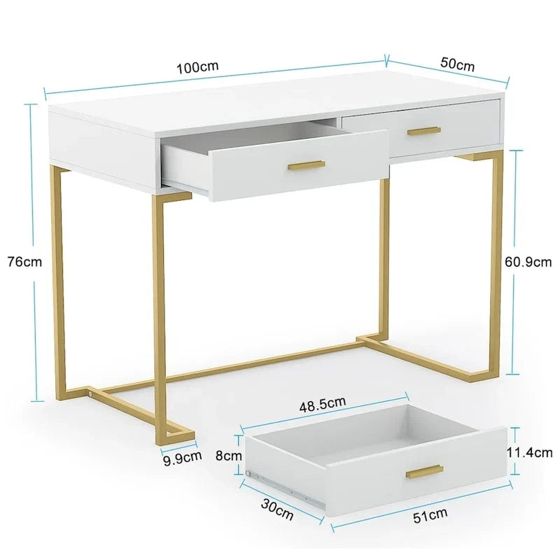 Bureau informatique blanc et doré de 100 cm avec 2 tiroirs