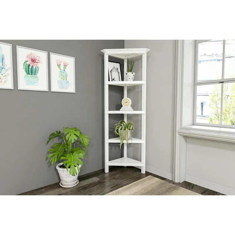 Bibliothèque d'angle haute en bois Edenton avec 4 étagères, blanc
