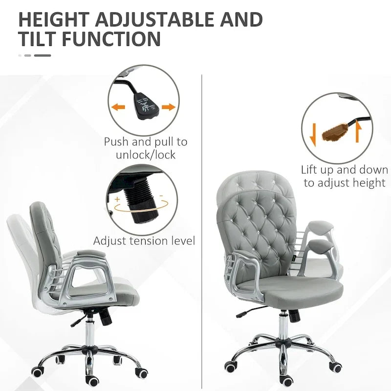 Vinsetto Chaise de Bureau en Faux Cuir, Dossier Matelassé, Roulettes Pivotantes, Chaise de Travail avec Accoudoirs Réglables en Hauteur