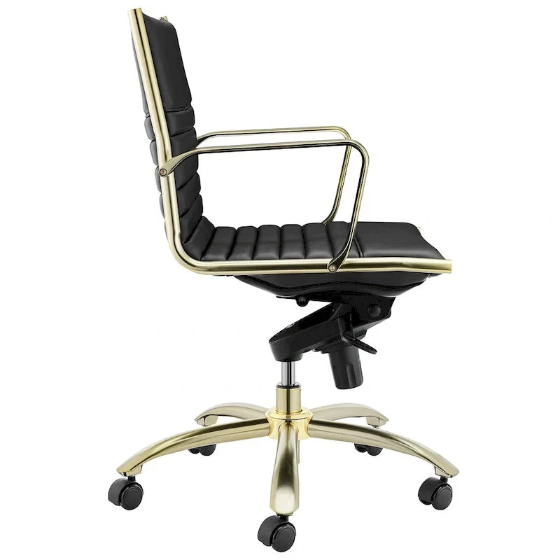 Chaise de bureau Dirk Low dossier bas, noire avec piétement doré brossé mat