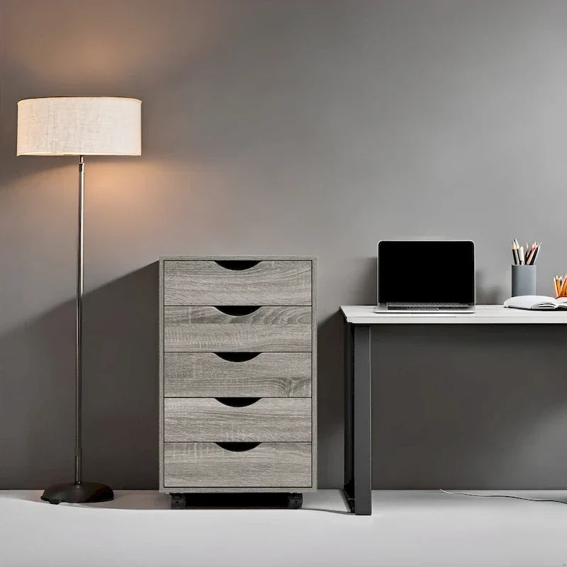 Meuble de rangement en bois portable à 5 tiroirs avec roulettes à 360°, design coulissant facile et rangement supérieur supplémentaire