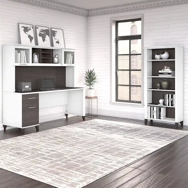 Bureau de 72 po de large avec huche et bibliothèque à 5 étagères Somerset, gris cendré