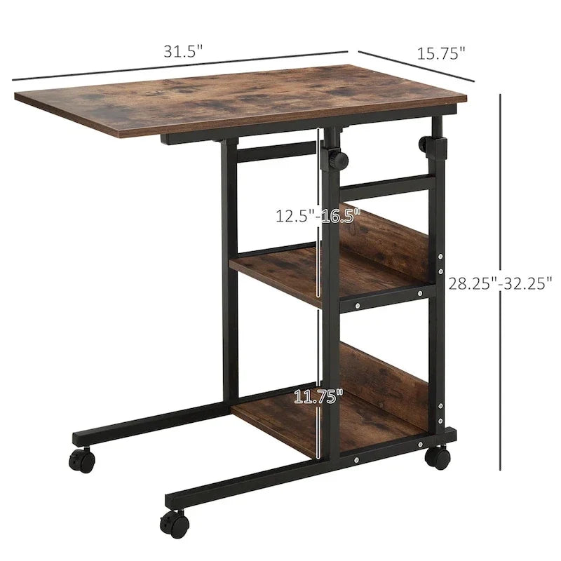 Table d'appoint de canapé roulante mobile en C industrielle HOMCOM avec étagères de rangement à 3 niveaux, hauteur réglable et roulettes