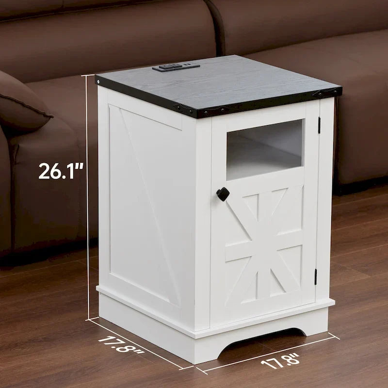 Table de chevet rustique de 18 pouces en bois de style ferme avec chargeur, porte de grange, étagère réglable et rangement à 3 niveaux