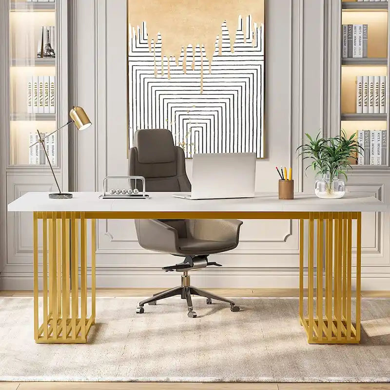 70,9 Table de bureau moderne, bureau de direction blanc avec cadre en métal doré