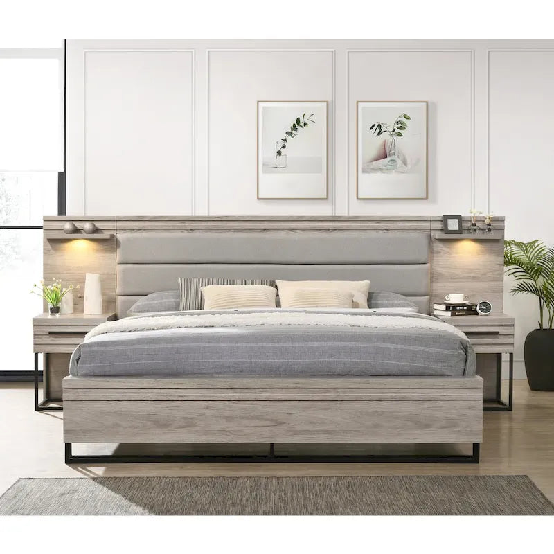 Lit mural capitonné en bois Alvear de Roundhill Furniture avec lumières LED blanches, 2 tables de chevet, gris patiné