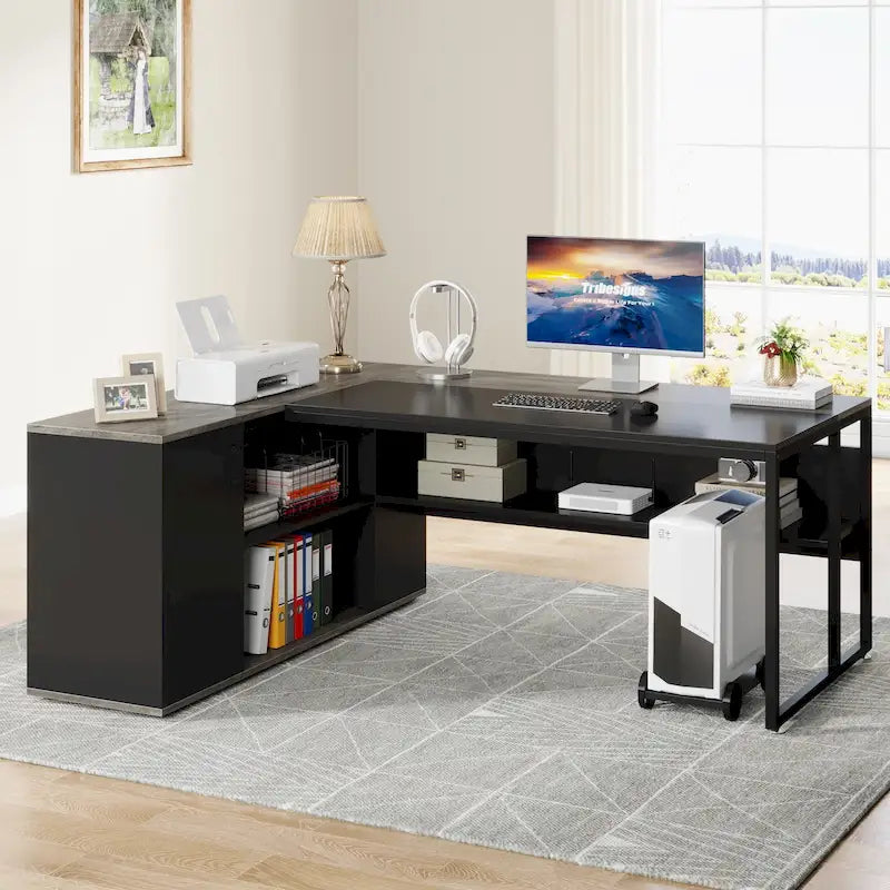 Bureau d'ordinateur d'angle en forme de L de 180 cm avec armoire