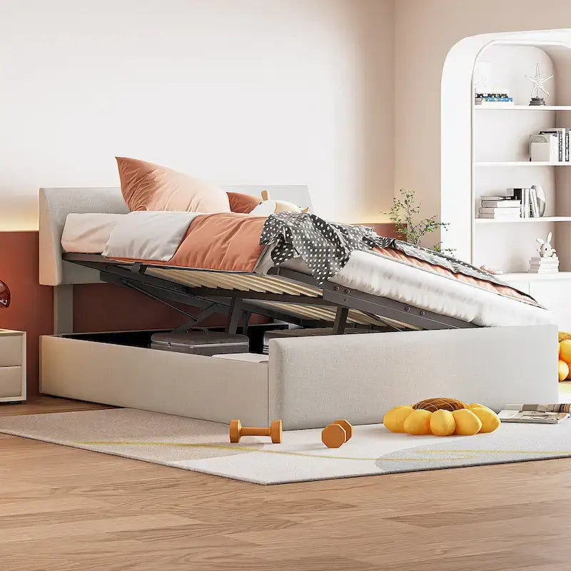 Lit traîneau Queen Size avec système de rangement hydraulique inclinable latéralement, revêtement en lin, beige