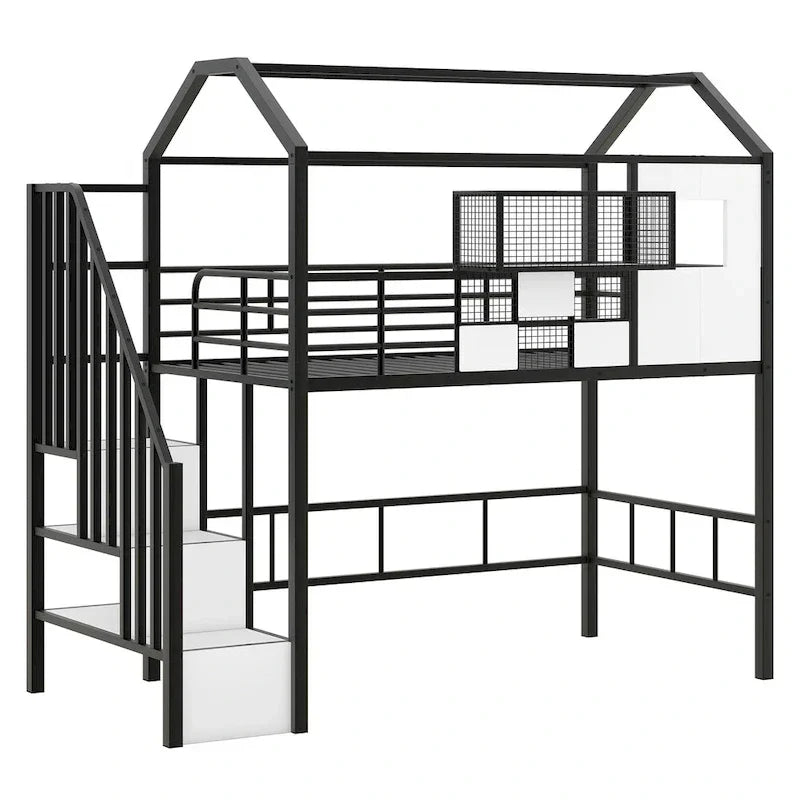 Lit mezzanine en métal avec toit et coffre de rangement, Lit simple, Noir