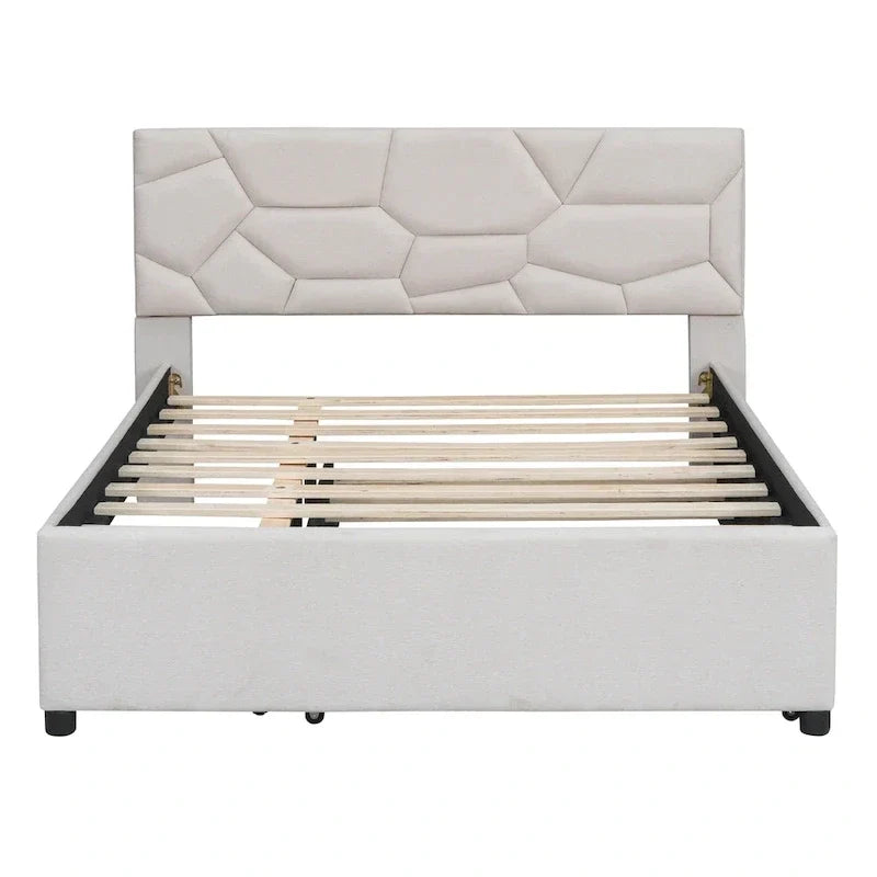 Lit plateforme rembourré pleine grandeur avec tête de lit motif brique et lit gigogne double, tissu de lin, beige