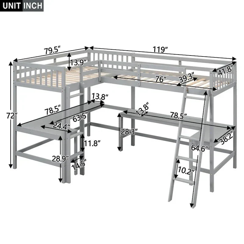 Lit mezzanine d'angle en bois, taille double, avec échelle et 2 bureaux d'angle intégrés, gris