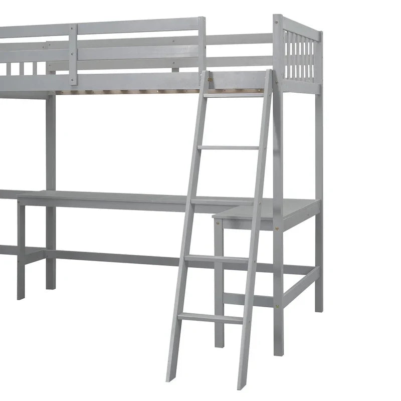 Lit mezzanine d'angle en bois, taille double, avec échelle et 2 bureaux d'angle intégrés, gris