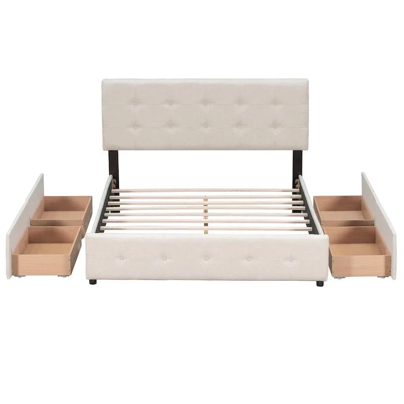 Lit plateforme rembourré avec tête de lit classique et 4 tiroirs, aucun sommier tapissier requis, tissu en lin
