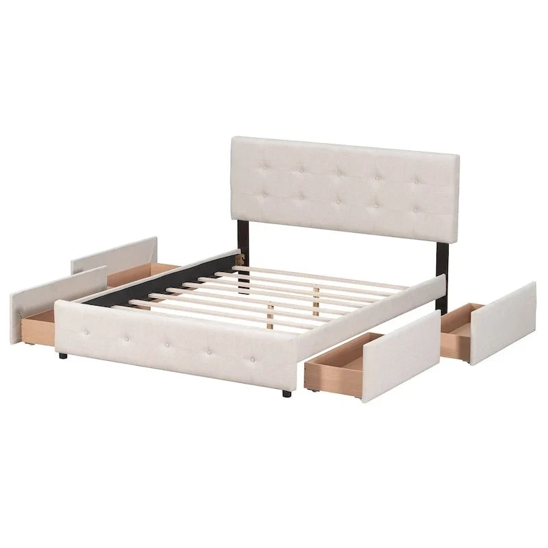 Lit plateforme rembourré avec tête de lit classique et 4 tiroirs, aucun sommier tapissier requis, tissu en lin