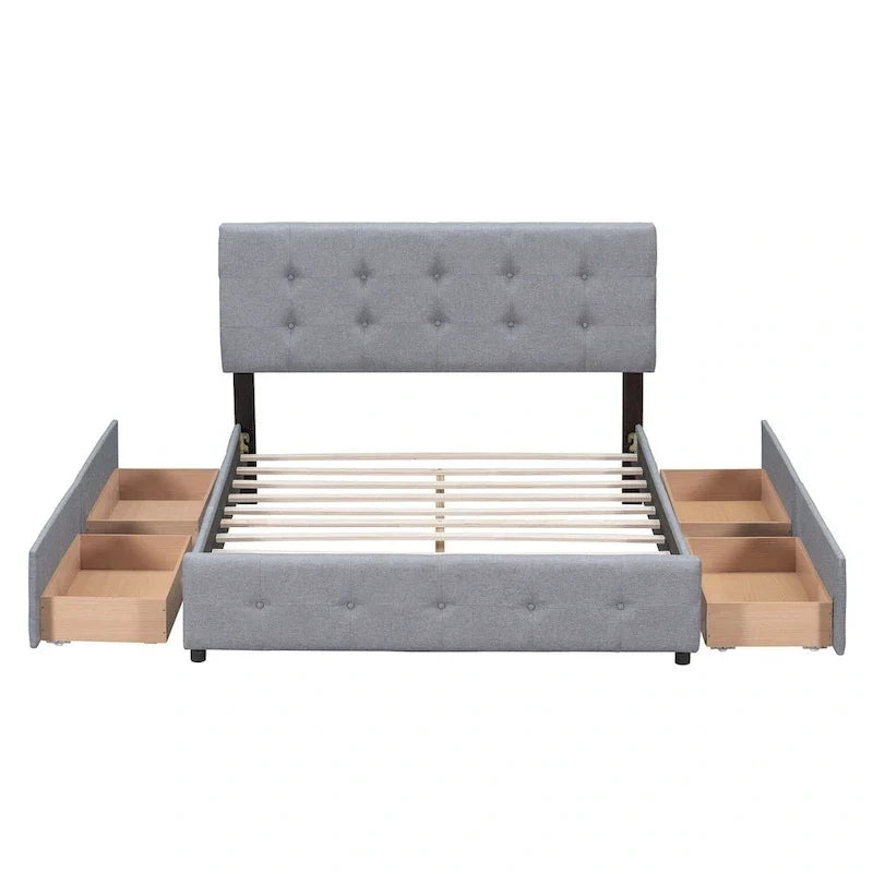 Lit plateforme rembourré avec tête de lit classique et 4 tiroirs, aucun sommier tapissier requis, tissu en lin