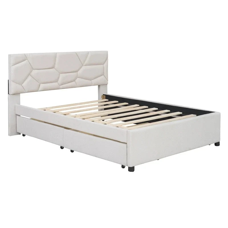 Lit plateforme rembourré double avec tête de lit motif brique, avec lit gigogne simple et 2 tiroirs, lin, beige