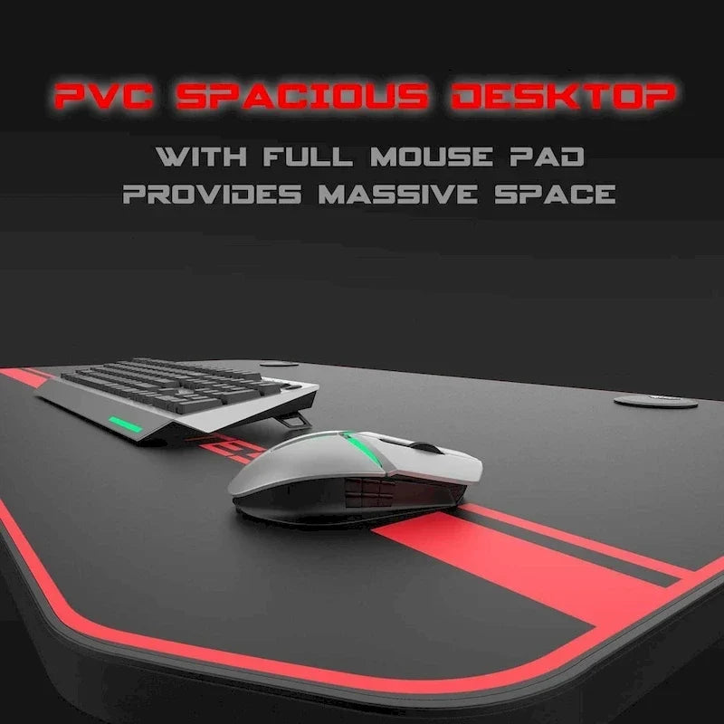 Bureau de jeu ergonomique BOSSIN en forme de T avec tapis de souris pleine surface, support de manette, porte-gobelet et crochet pour casque