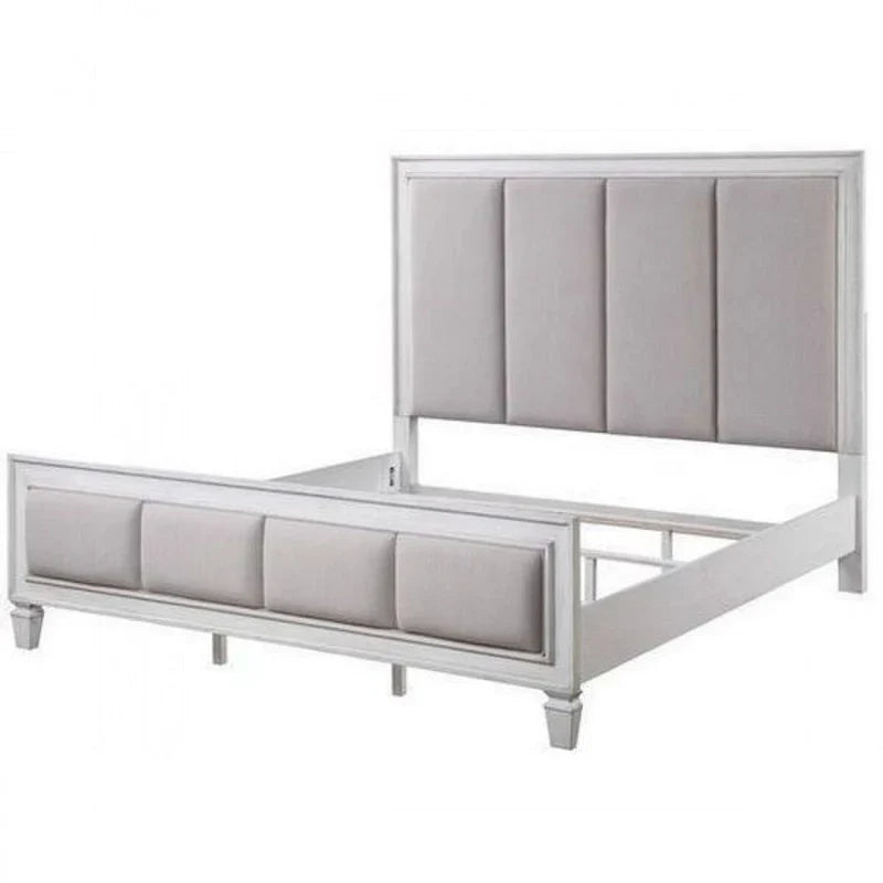 Lit Queen avec rembourrage en tissu capitonné, blanc et gris