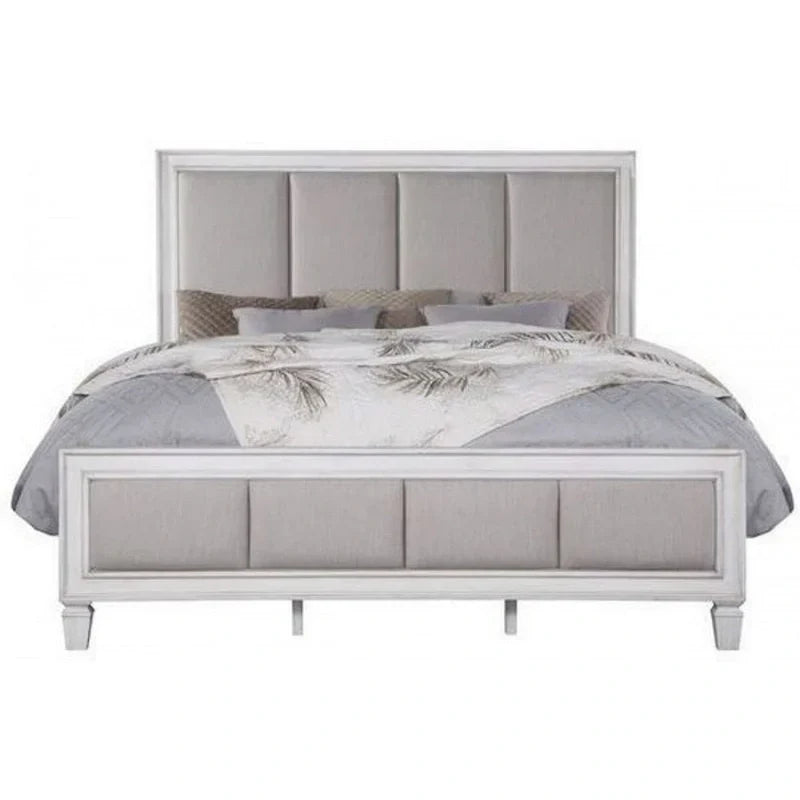 Lit Queen avec rembourrage en tissu capitonné, blanc et gris