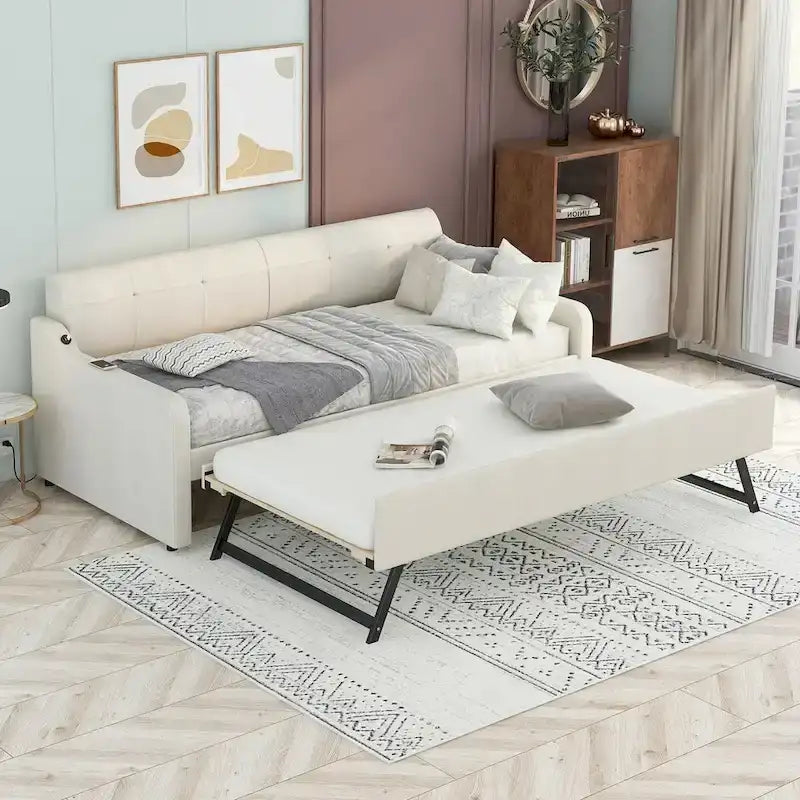 Lit de repos capitonné Twin avec lit gigogne et port de charge USB, le lit gigogne pouvant être à plat ou relevé et dossier capitonné
