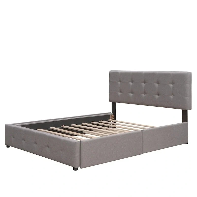 Lit plateforme rembourré avec 2 tiroirs et 1 lit gigogne jumeau XL, en tissu lin, format Queen