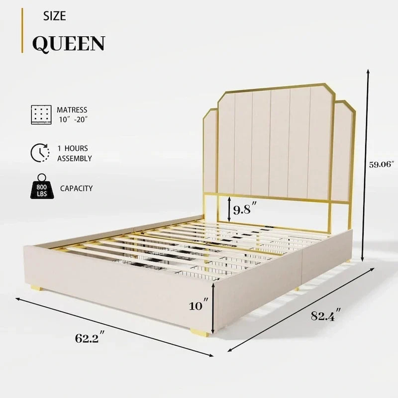 Cadre de lit Queen Size rembourré avec tête de lit de 150 cm et garniture plaquée or