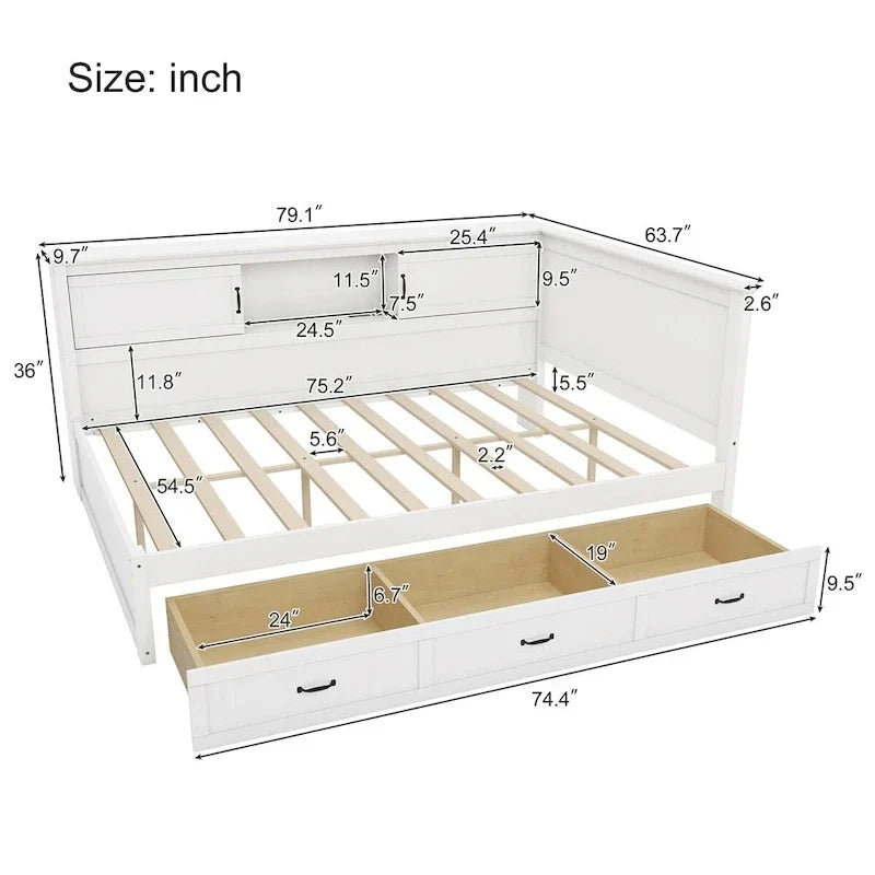 Lit mezzanine en L avec tiroir et bibliothèque, lit capitaine en bois avec éclairage LED et port USB