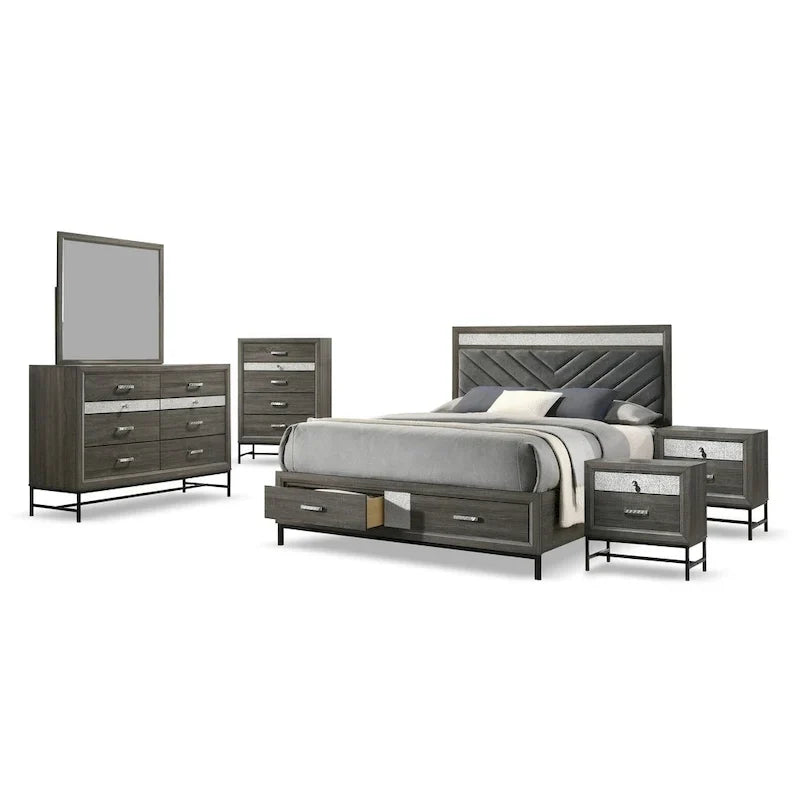 Ensemble de chambre à coucher 6 pièces Heinisk contemporain gris sur plateforme de Furniture of America