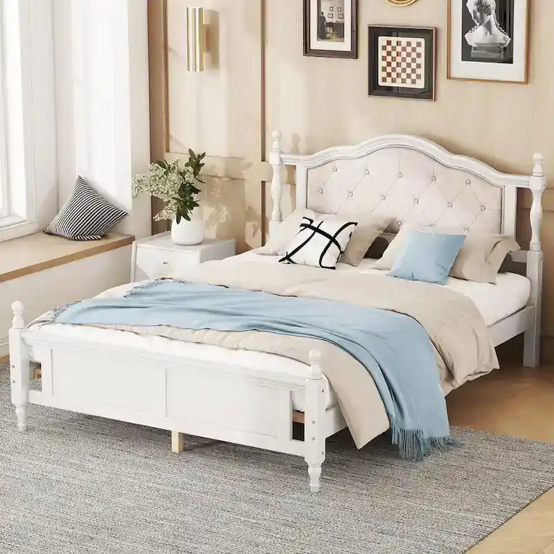 Lit Queen Size avec tête et pied de lit rembourrés, avec deux pieds de support pour longerons de lit et pieds de support pour plateforme centrale
