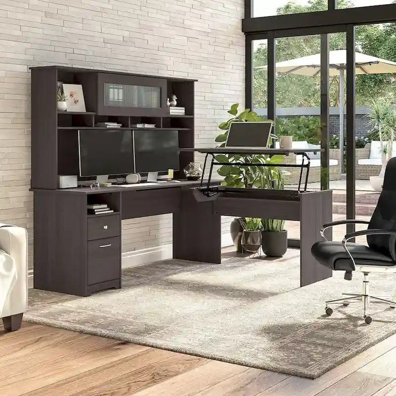 Bureau assis-debout en forme de L à 3 positions de 72 W avec huche, par Bush Furniture