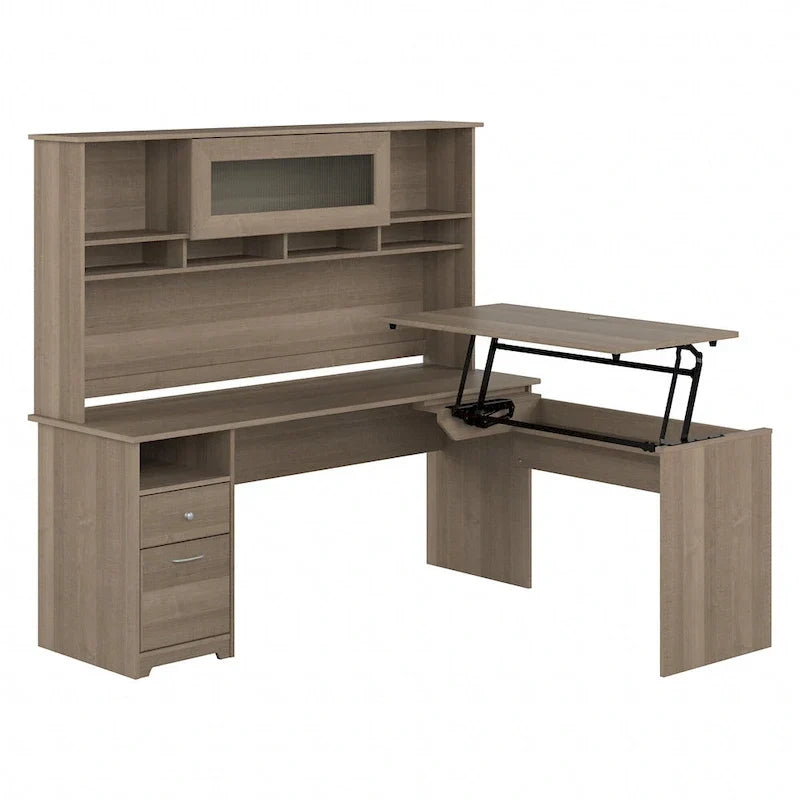 Bureau assis-debout en forme de L à 3 positions de 72 W avec huche, par Bush Furniture