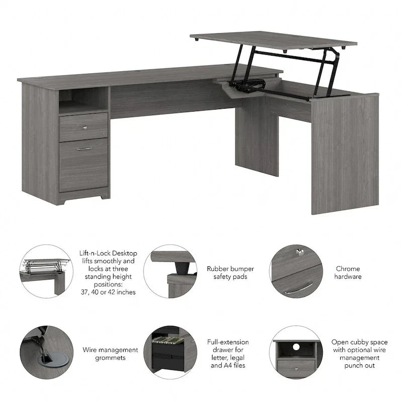 Bureau assis-debout en L à 3 positions de 72 W de Bush Furniture