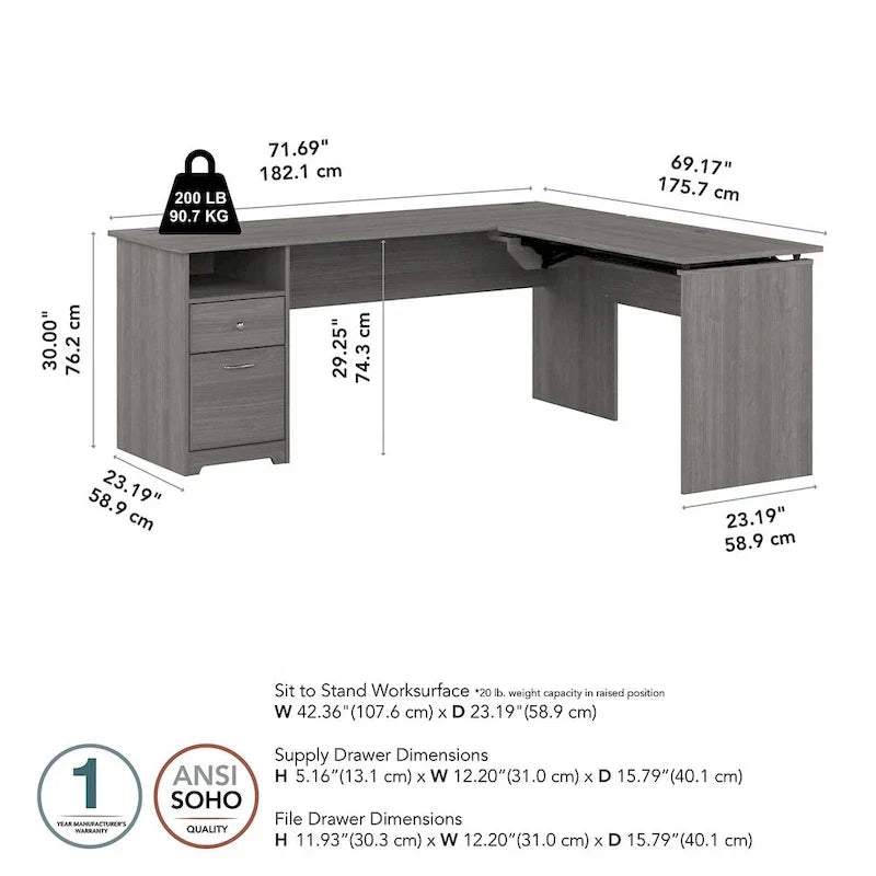 Bureau assis-debout en L à 3 positions de 72 W de Bush Furniture