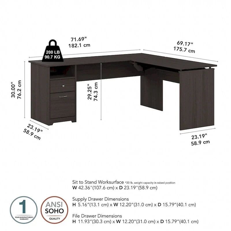 Bureau assis-debout en L à 3 positions de 72 W de Bush Furniture